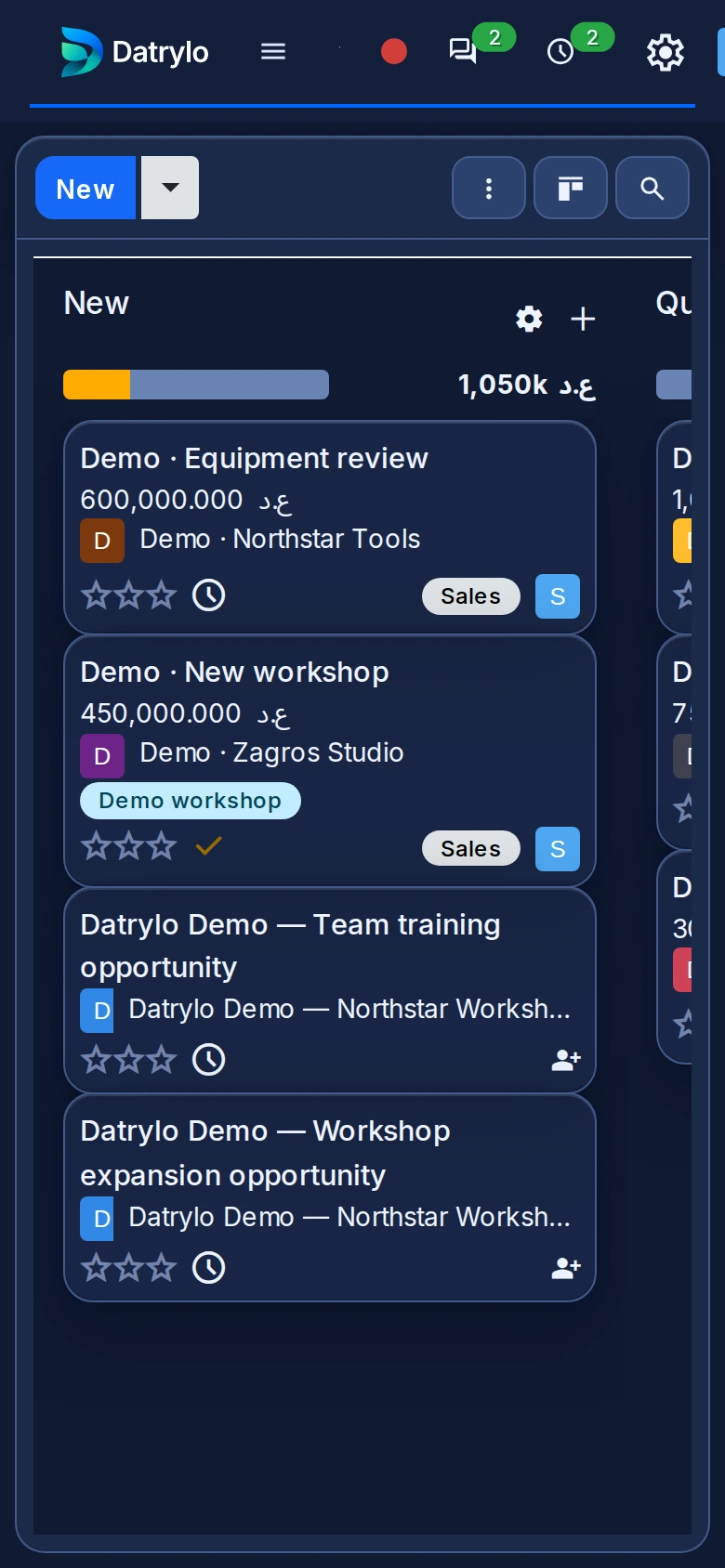 Datrylo CRM mobile view